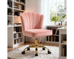 Bureaustoel Draaibaar & In Hoogte Verstelbaar – Fluwelen Homeoffice Stoel met Gouden Poten – Roze – 46 x 53 x 96 cm – Pauwhome