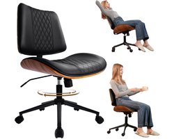 Bureaustoel - Ergonomisch Bureaustoel - Bureaustoelen voor Volwassenen - Bureaustoel zonder Armleuningen - Verrijdbaar & In Hoogte Verstelbaar - (90°-125°) Kantelbare Rugleuning - Houten Afwerking - Kunstleer - Walnoot - Zwart