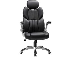 Bureaustoel, ergonomische bureaustoel, gamestoel, draaistoel, inklapbare armleuningen, in hoogte verstelbare hoofdsteun, belastbaar tot 150 kg, zwart OBG65BK