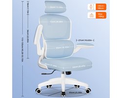 Bureaustoel, ergonomische directiestoel met inklapbare armleuningen, verstelbare hoofdsteun en lendensteun, kantelfunctie tot 135 graden, 150 kg draagvermogen, blauw