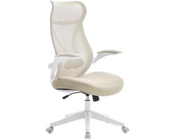 Bureaustoel, ergonomische rugleuning, in hoogte verstelbaar, opklapbare armleuningen, draaistoel met hoofdsteun, tot 150 kg belastbaar, cappuccinobeige