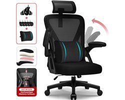 Bureaustoel Hiaonyx - ergonomische stoel voor volwassenen - 4D lendensteun - Opklapbare armleuningen - Vergrendelbare rugleuning - Met stille wielen - Kantelbaar tot 135° - Inclusief lendensteun voor bureaustoel - Zwart