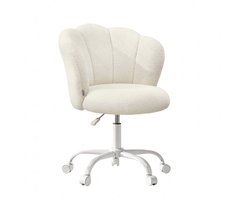 Bureaustoel Kaptafelstoel 64x64x79-89cm Crèmekleurig Bloemvormige rugleuning Comfortabele en huidvriendelijke pluche stof In hoogte verstelbaar Met 5 zwenkwielen Stevig en duurzaam metalen frame Geschikt voor slaapkamer, studeerkamer en kaptafel