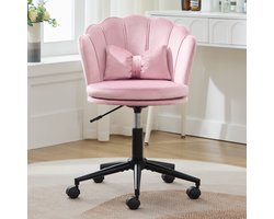 Bureaustoel - make-upstoel - ergonomisch - fluwelen stoel met bloemblad-rugleuning - in hoogte verstelbaar - draaistoel met wieltjes - roze