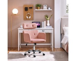 Bureaustoel, make-uptafelstoel met in hoogte verstelbare hoofdsteun, bureaustoel met wielen, bureaustoel, thuiskantoorstoel, armleunstoel, ergonomische mobiele gestoffeerde stoel, roze