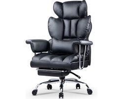 Bureaustoel met telescopische voetsteun - Ergonomische bureaustoel met grote gewatteerde zitting en lendensteunkussen - verstelbare rugleuning en in hoogte verstelbaar - PU, zwart