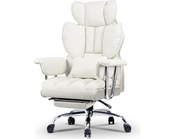 Bureaustoel met telescopische voetsteun - Ergonomische bureaustoel met grote gewatteerde zitting en lendensteunkussen - verstelbare rugleuning en in hoogte verstelbaar - PU, wit