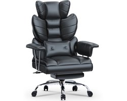 Bureaustoel met telescopische voetsteun - Grote Ergonomische Bureaustoel van PU-leer - draagvermogen 150 kg - lendensteun - verlengde armleuningen en hoofdsteun - Zwart