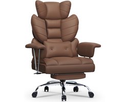 Bureaustoel met telescopische voetsteun - Grote Ergonomische Bureaustoel van PU-leer - draagvermogen 150 kg - lendensteun - verlengde armleuningen en hoofdsteun - Bruin