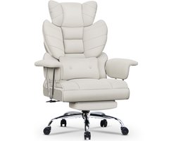 Bureaustoel met telescopische voetsteun - Grote Ergonomische Bureaustoel van PU-leer - draagvermogen 150 kg - lendensteun - verlengde armleuningen en hoofdsteun - Wit