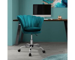 Bureaustoel met wielen en rugleuning schelpdesign 68x68 cm petrol fluweel metalen frame ML design