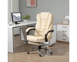 Bureaustoel – Office Chair – Draaistoel – Gamingstoel – Kantoorstoel – Verstelbare Rugleuning tot 145° – Met Uitschuifbare Voetensteun – Kunstleren Bekleding – Verstelbaar in Hoogte – Crèmekleur