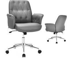 Bureaustoel, PU-leer, ergonomische bureaustoel, in hoogte verstelbare draaistoel met armleuningen, voor thuiskantoor, kantoor, gewatteerde computerstoel, draaibare directiestoel, grijs
