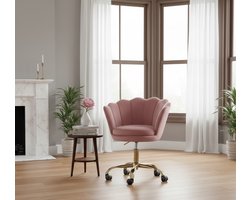 Bureaustoel Velvet – Luxe Draaistoel met Gouden Poten, In Hoogte Verstelbare Comfort Stoel voor Slaapkamer, Make-up Tafel & Kantoor – Roze – Ergonomisch & Modern Design – House&Garden