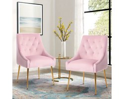 Bureaustoel – Velvet Stoel – Fauteuil – Kantoorstoel – Studiebureaustoel – Set van 2 – Met Metalen Poten – Zachte Gevoerde Zitting – Verstelbare Rugleuning & Armleuningen – Gemakkelijk Schoon Te Maken – Roze