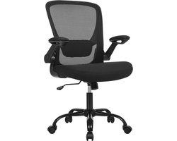 Bureaustoel, werkstoel ergonomische draaistoel met wielen, lendensteun, opklapbare armleuningen en zacht comfortabel zitkussen maximale draagkracht 120 kg geschikt voor studeerkamer en kantoor 66 x 60 x (99-107) cm zwart