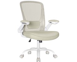 Bureaustoel, werkstoel ergonomische draaistoel met wielen, lendensteun, opklapbare armleuningen en zacht comfortabel zitkussen maximale draagkracht 120 kg geschikt voor studeerkamer en kantoor 66 x 60 x (99-107) cm beige