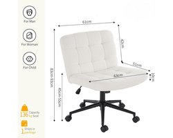 Bureaustoel Zonder Armleuningen – Casa Velluto SoftLounge Criss Cross Chair Wit – Ergonomische Brede Stoel met Sherpa Stof, Verstelbare Hoogte, Draaibaar en Kantelbaar – Luxe Make-up & Thuiswerk Stoel