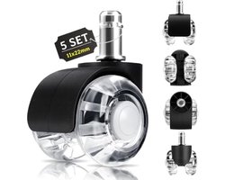 Bureaustoelwielen set van 5 - 10 x 22 mm wielen voor bureaustoelen 360 graden draaibaar - voor harde vloeren, parket, tapijt (past niet op IKEA stoelen)