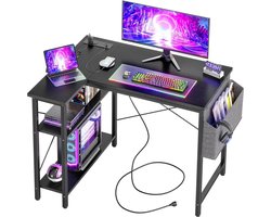 Bureautafel 100x70 cm L-vormig met Stopcontacten en Grote Opbergplanken - Klein Hoekbureau Schrijftafel Boekenplank Werkstation voor Studie Speel Werk Slaapkamer Thuis Kantoor