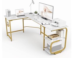 Bureautafel L-vormige Hoekbureau met G Planken voor Home Office Corne Groot Wit+Goud Frame