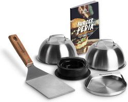 Burger-Set BURNHARD® RVS Smasher, Burgerpers, Grillspatel, Burgerklokken, Receptenboek, Broodmes, Burgerspiezen – BBQ Meester Set
