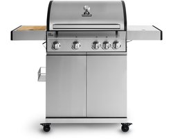 BURNHARD® 4-Brander Gasbarbecue Big Fred, roestvrijstalen grillwagen met zijtafel, gietijzeren rooster, thermometer in deksel, piëzo-ontsteking, incl. afdekkap - Deluxe met Keramische Branders en Kookplaat