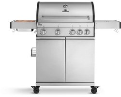 BURNHARD® 4-Brander Gasbarbecue Big Fred, roestvrijstalen grillwagen met zijtafel, gietijzeren rooster, thermometer, piëzo-ontsteking, incl. afdekkap, Keramische Branders en Kookplaat, 2022 Model