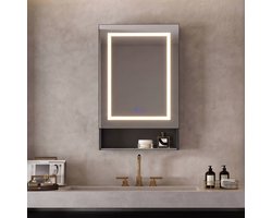 BursDany Badkamerkast met Spiegel, LED-Verlichting en Ontwasemingsfunctie, Wandgemonteerde Spiegels Kast met 2 Verstelpbare Glazen Planken en 1 Open Legplank, Touchbediening, 50x16x88 cm, Zwart