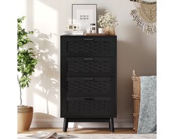 BursDany Commode met 4 lades, opbergmeubel van rotan, dressoir voor slaapkamer, woonkamer, kantoor, Zwart, 55 x 40 x 95 cm