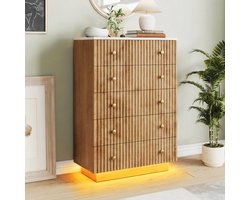 BursDany Commode met 5 Lades, Natuur Houten Opbergmeubel met Massief Houten Poten, LED-Verlichting, Kippingsveilig, Opbergkast voor Woonkamer, Slaapkamer & Gang, 73x40x111 cm