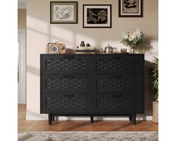 BursDany Commode met 6 Laden, Houten Opbergmeubel met Rotan Look, Keukenkast, Commode voor Woonkamer, Slaapkamer, Gang, 115 x 40 x 80 cm, Zwart