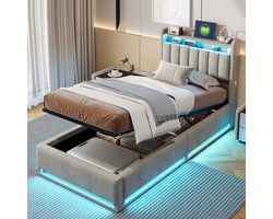 BursDany Eenpersoonsbed Opbergbed 90x200 cm met LED en USB, Opberg Hoofdeinde - kinderbed Gestoffeerd Bedframe voor Volwassenen en Tieners, 500 KG Ondersteuning, Grijs Fluweel (Zonder Matras)