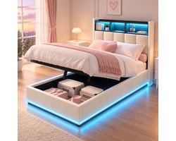 BursDany Eenpersoonsbed Opbergbed 90x200 cm – Polsterbed met RGB-LED en USB, Tête de Lit met Opbergruimte, Lattenbodem, Geschikt voor volwassenen en adolescenten, Velours Beige (Zonder Matras)