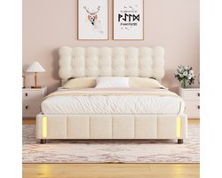 BursDany Gestoffeerd bed 140x200 cm met LED, jeugdbed tweepersoonsbed met opbergruimte en lattenbodem, hydraulisch opbergbed rugleuning bedframe, voor meisjes, zonder matras, fluweelbeige