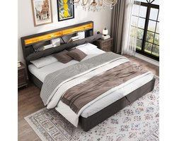 BursDany Gestoffeerd Bed 160x200 cm met LED-Hoofdbord en Opbergruimte, Tweepersoonsbed met Lattenbodem en 2 Onderlades, Opbergbed Bedombouw Grijs Linnen (Zonder Matras)