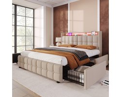 BursDany Gestoffeerd bed 180x200 cm met LED-hoofdbord en USB-aansluiting, jeugdbed met lattenbodem en 4 opberglades, opbergbed, bedombouw, zonder matras, linnen beige