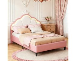 BursDany Gestoffeerd bed kinderbed 140x200 cm met LED, eenpersoonsbed voor meisjes, tienerbed met in hoogte verstelbaar hoofdeinde en lattenbodem, prinsessenbed in roze fluweel (zonder matras)