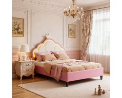 BursDany Gestoffeerd bed kinderbed 90x200 cm met LED, eenpersoonsbed voor meisjes, tienerbed met in hoogte verstelbaar hoofdeinde en lattenbodem, prinsessenbed in roze fluweel (zonder matras)
