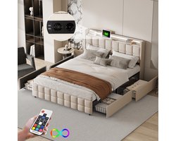 BursDany Gestoffeerd bed tweepersoonsbed 160x200 cm met LED-hoofdbord en USB-aansluiting, jeugdbed met lattenbodem en 4 laden opbergruimte, opbergbed, bedombouw, zonder matras, Linnen Beige