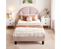 BursDany Gestoffeerd eenpersoonsbed 90x200 cm Roze - Velvet Peuterbed voor meisjes, kinderbed met verstelbaar hoofdeinde en lattenbodem, zonder matras