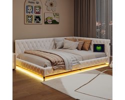 BursDany Gestoffeerd Kinderbed 140x200 cm met LED-Verlichting en USB-Aansluiting, Comfortabel Slaapbed in Beige Krulstof, Geschikt voor Meisjes en Tieners (Zonder Matras)