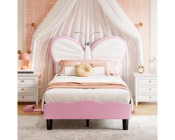 BursDany Gestoffeerd kinderbed 90x190 cm - Velvet Butterfly Princess Bed met leeslampje, verstelbaar hoofdeinde en lattenbodem, zonder matras, Roze