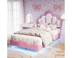 BursDany Gestoffeerd kinderbeden 90x200 cm met LED - eenpersoonsbed voor meisjes, tienerbed met in hoogte verstelbaar hoofdeinde en lattenbodem, prinsessenkroonbed PU Roze (zonder matras)