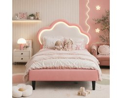 BursDany Gestoffeerd meisjesbed 90 x 200 cm, Eenpersoons kinderbed met LED, bedframe met hoogteverstelbaar hoofdeinde en stevige lattenbodem, PU roze, zonder matras