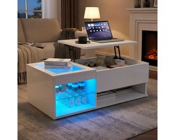 BursDany Hoogglans Salontafel met Hefmechanisme, RGB LED-Verlichting en Opbergruimte, Moderne Koffietafel met Open Planken, Geschikt voor Woonkamer en Kantoor, 100 x 55 x 35 cm, Wit