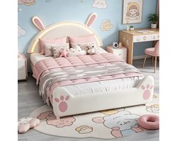 BursDany Kinderbed / Jongerenbed 140x200 cm met LED – Gestoffeerd Bed met Konijnen Hoofdeinde, Lattenbodem, Roze en Wit Fluweel voor Meisjes (Zonder Matras)