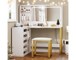 BursDany Make-up tafel met spiegel, hoek kaptafel met LED-verlichting, verstelbare helderheid en kruk, cosmetische tafel met 5 lades (wit)