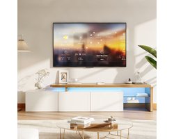 BursDany Moderne TV-meubel met LED, Glanzend televisiemeubel met glazen planken en 3 deuren, TV-kast 200 cm, voor Woonkamer, Slaapkamer, Wit