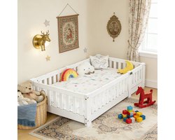 BursDany Montessori Kinderbed 80x160 cm - Versterkt massief houten frame met veiligheidshek en schaalbare lattenbodem, eenpersoonsbed voor jongens en meisjes - Minimalistisch ontwerp wit (zonder matras)